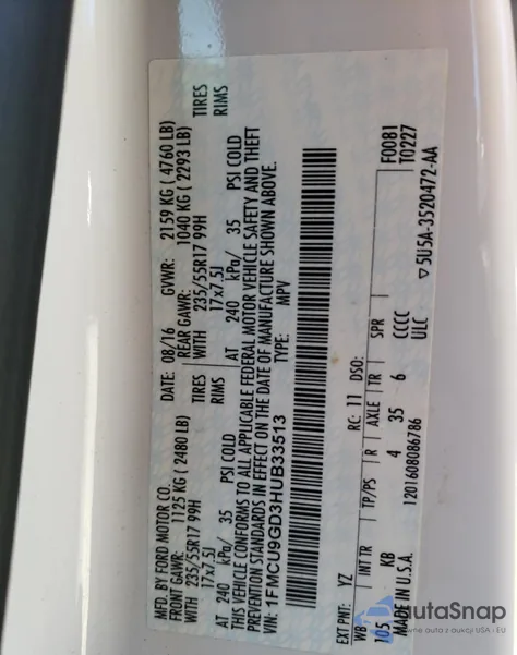 2017 Ford Escape Se z USA, uszkodzony, nr VIN 1FMCU9GD3HUB33513